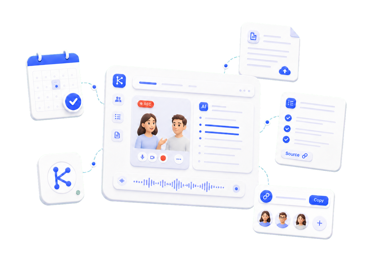 Kvali AI capturing a client interview and connecting documents, summaries, requirements, and sharing